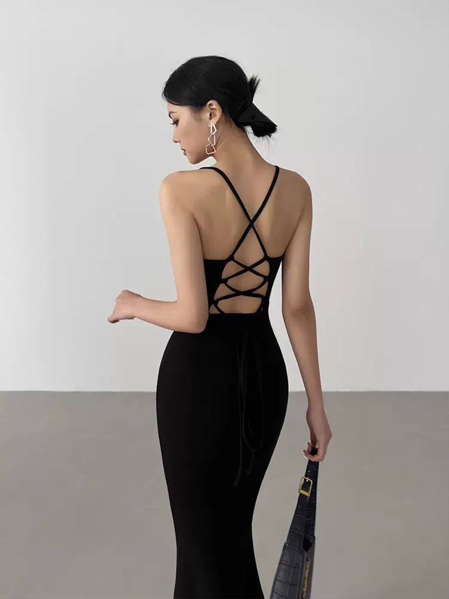 Solid Color Backless Mermaid Hem Cami Long Dress
