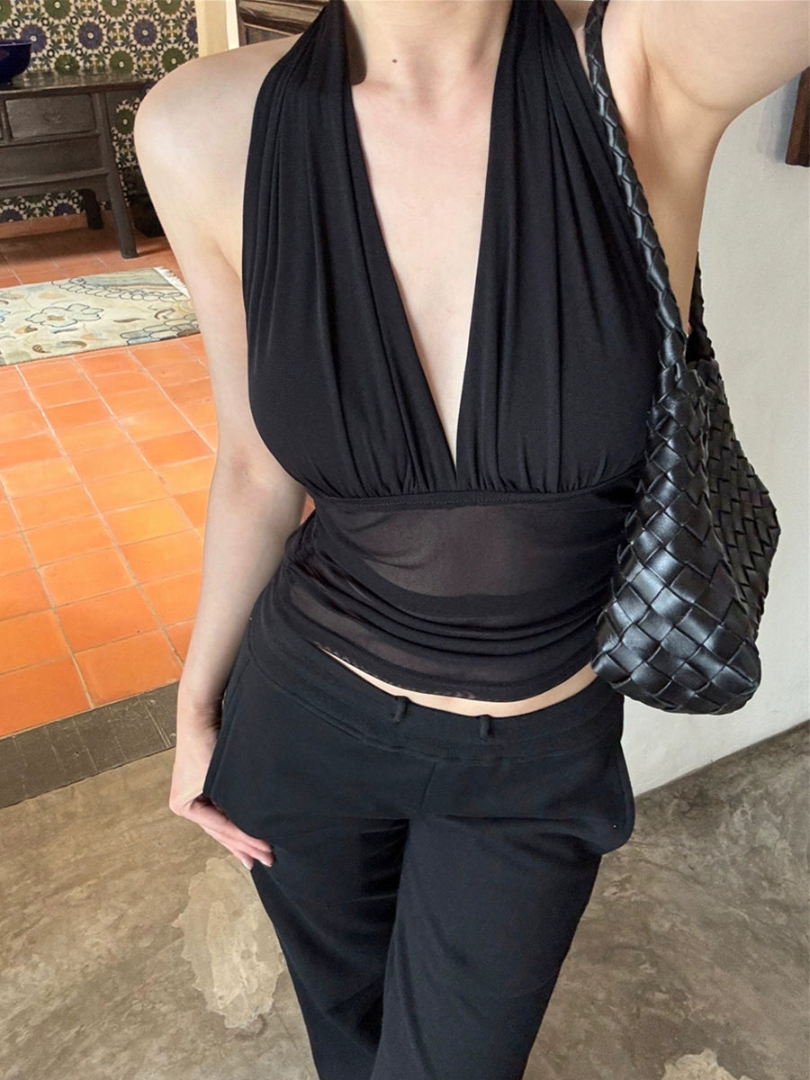 Solid Color Sleeveless Mesh Halter Top
