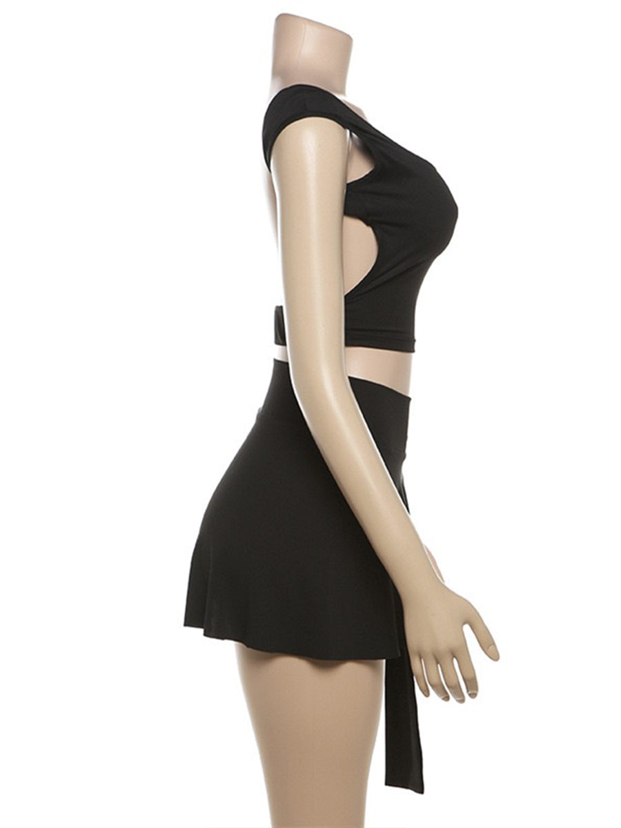 Solid Color Backless Skinny Short Cami Top + Unlined Skirt Two Piece Set