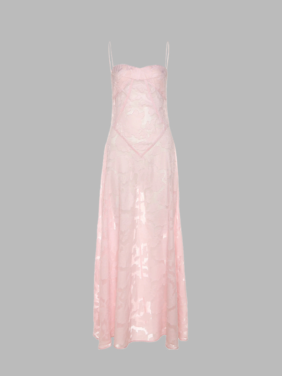 Sheer Lace Pink Floral Midi Dress