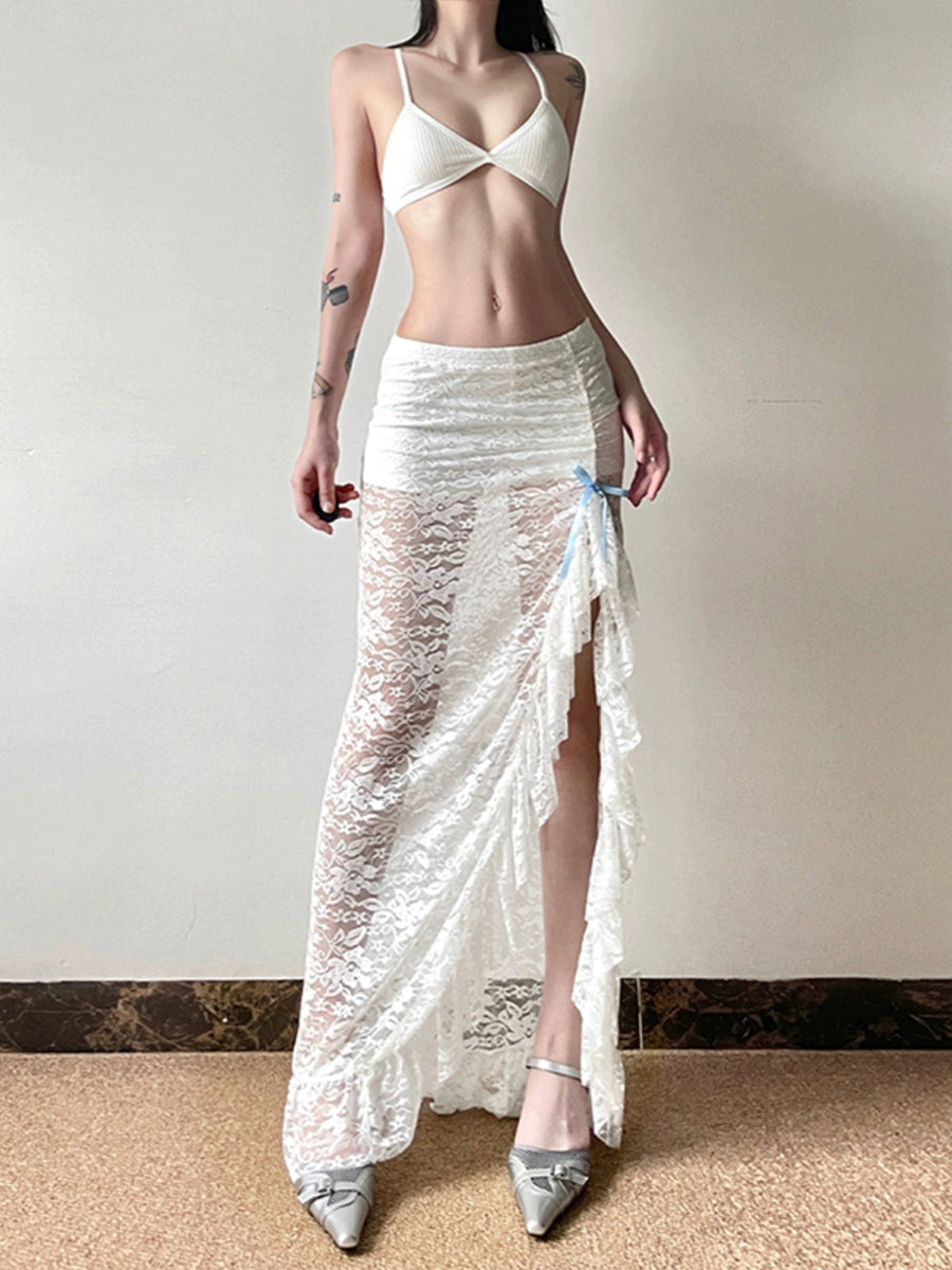 Irregular Lace Hem Split Midi Skirt