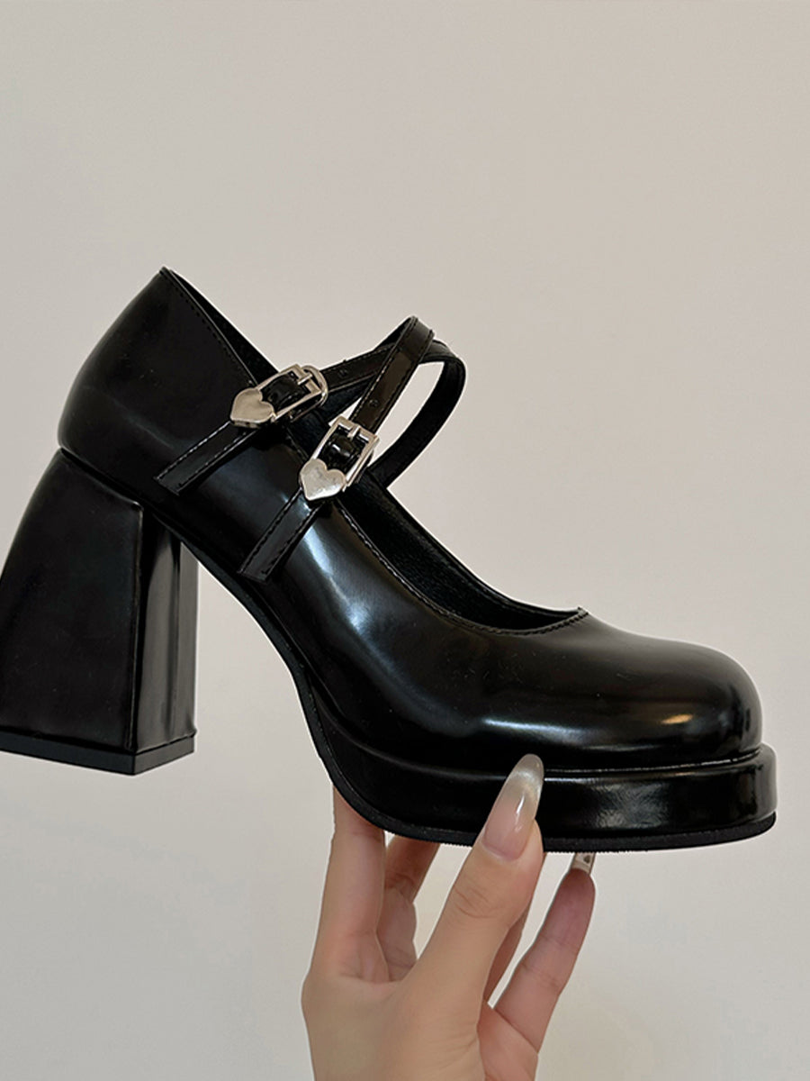 Crossover Ankle Straps Round Toe Chunky Heeled Mary Jane Pumps