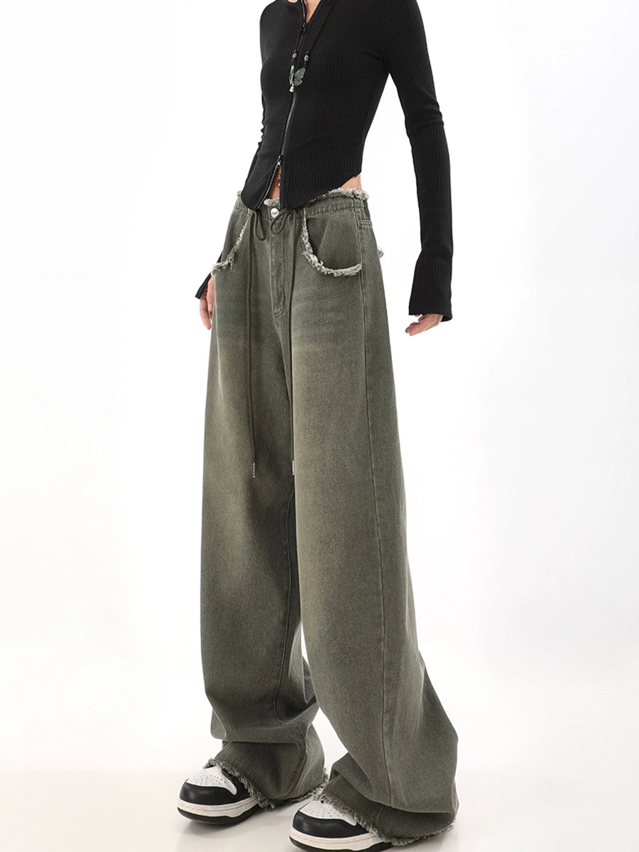 Loose Straight Raw Edge Denim Jeans