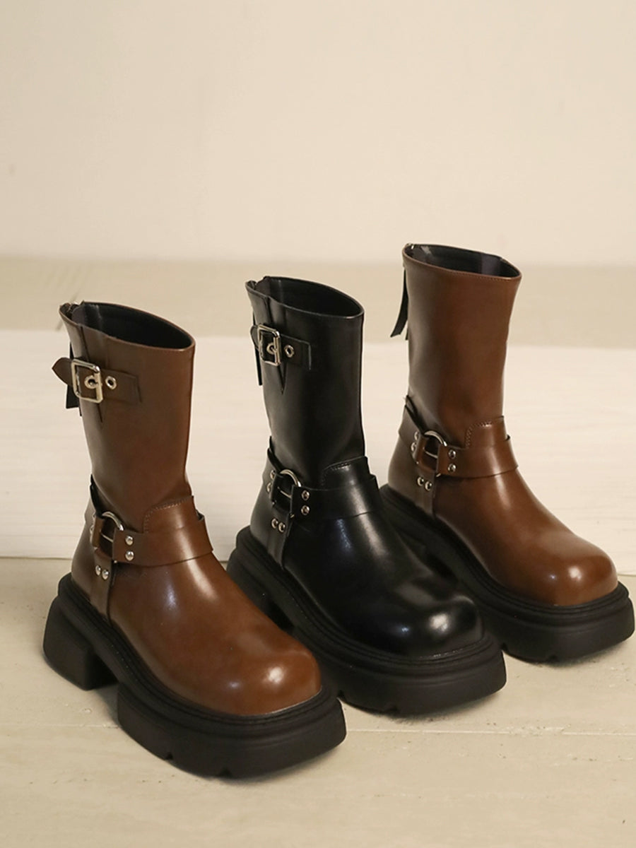 Women's Western Buckle Straps Chunky Heeled Side Zip Boots