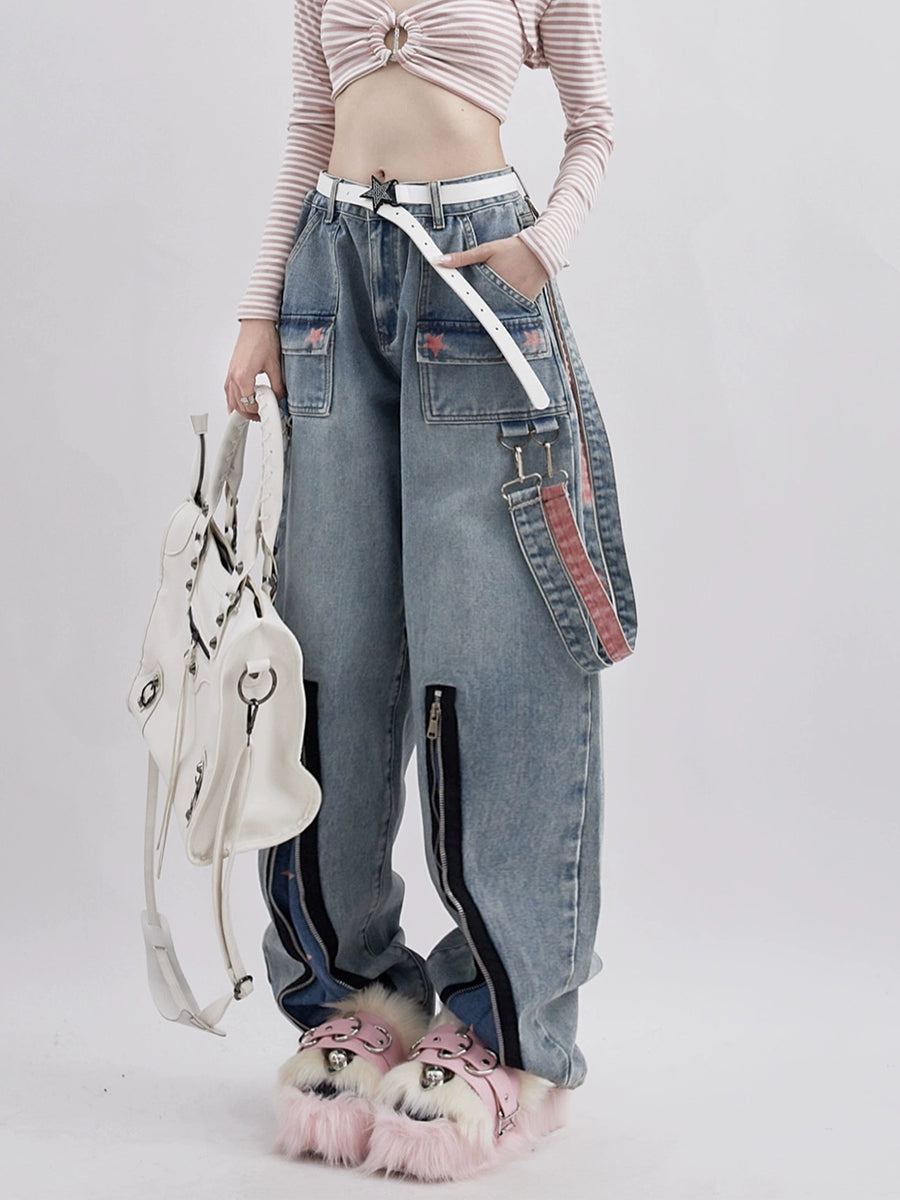 Zipper Hem Blue Denim Jeans