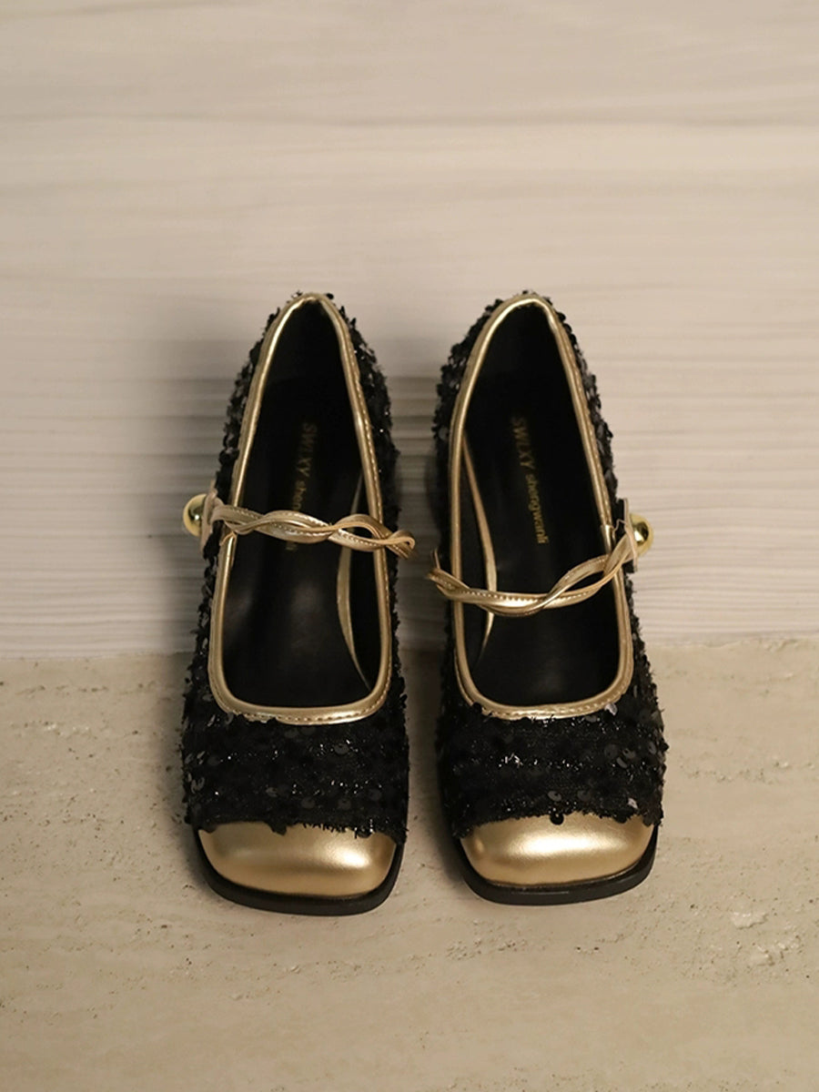 Square Toe Sequin Heeled Costume Shoes