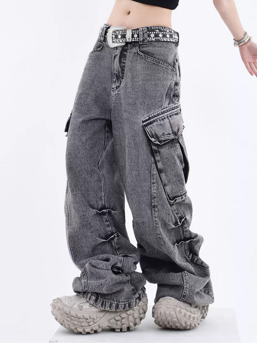 Gray High Rise Wide Cargo Jeans Pockets Pants