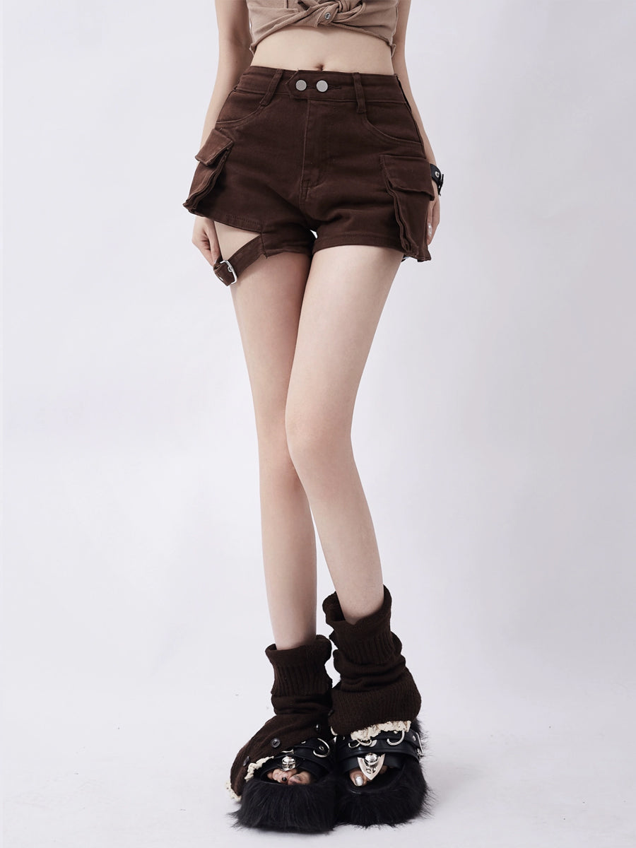 Brown Denim Shorts With Belt