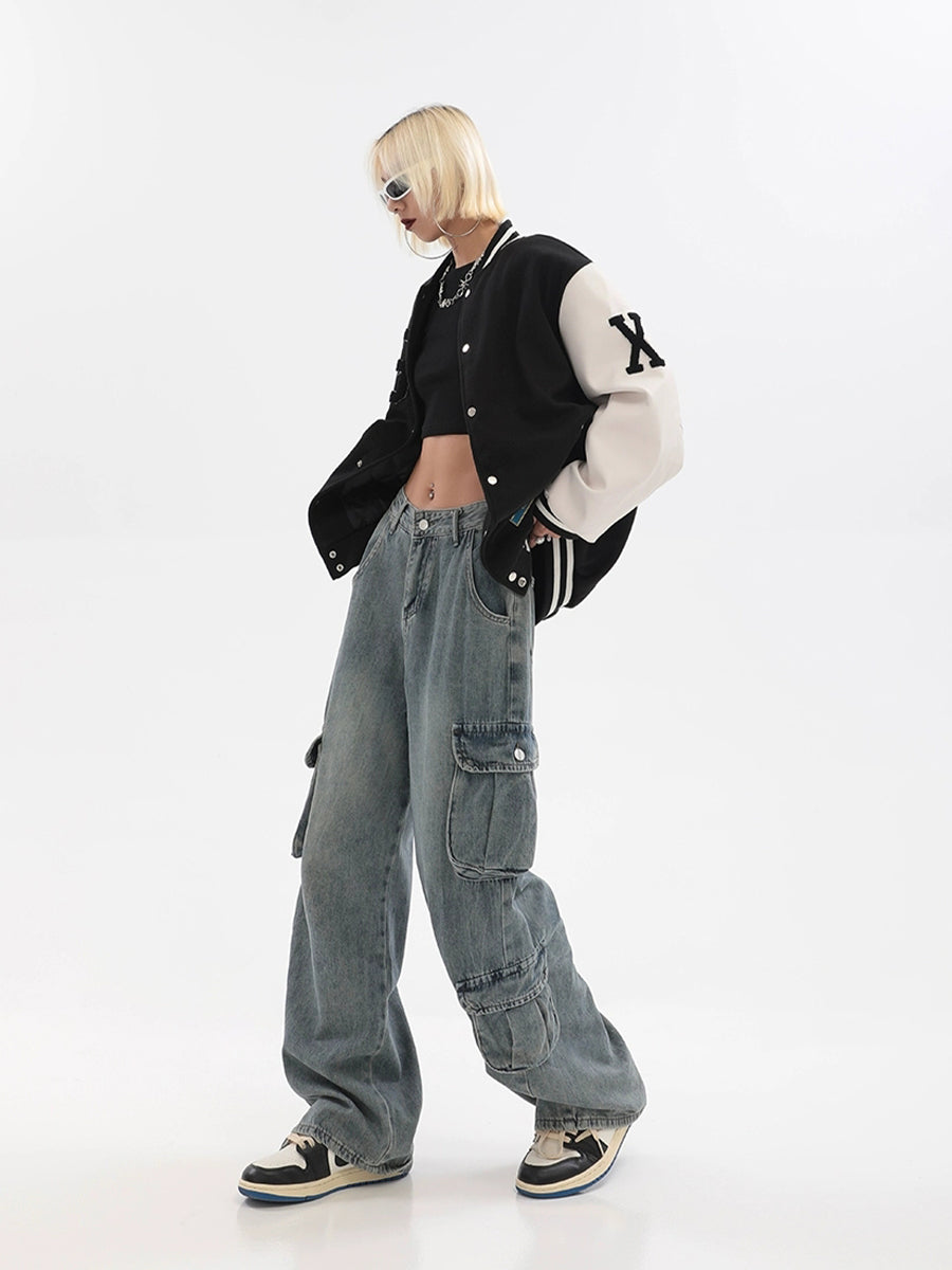 Vintage Light Blue Irregular Loose Cargo Jeans