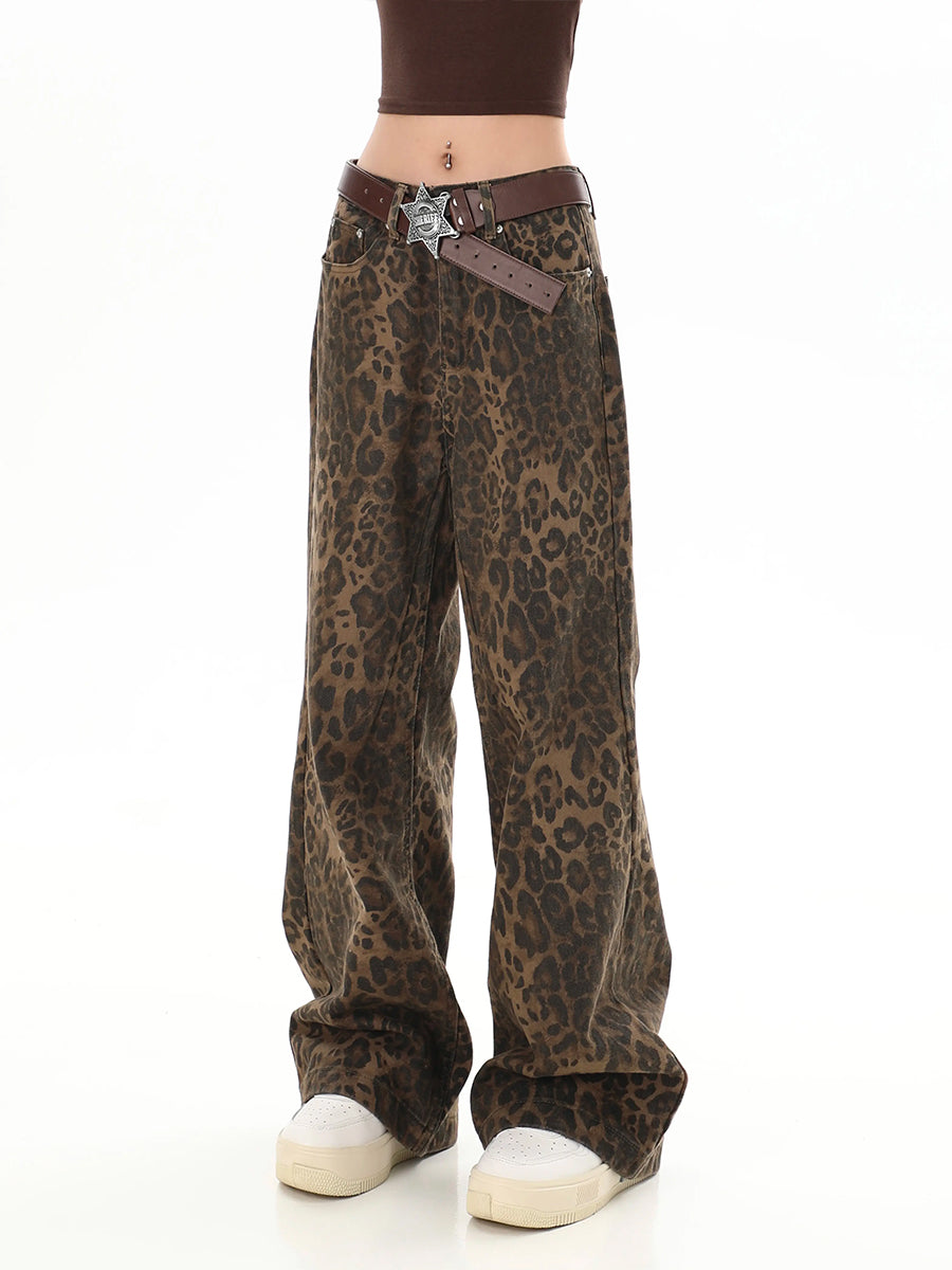 Leopard Print Hip Hop Loose Fit Denim Jeans