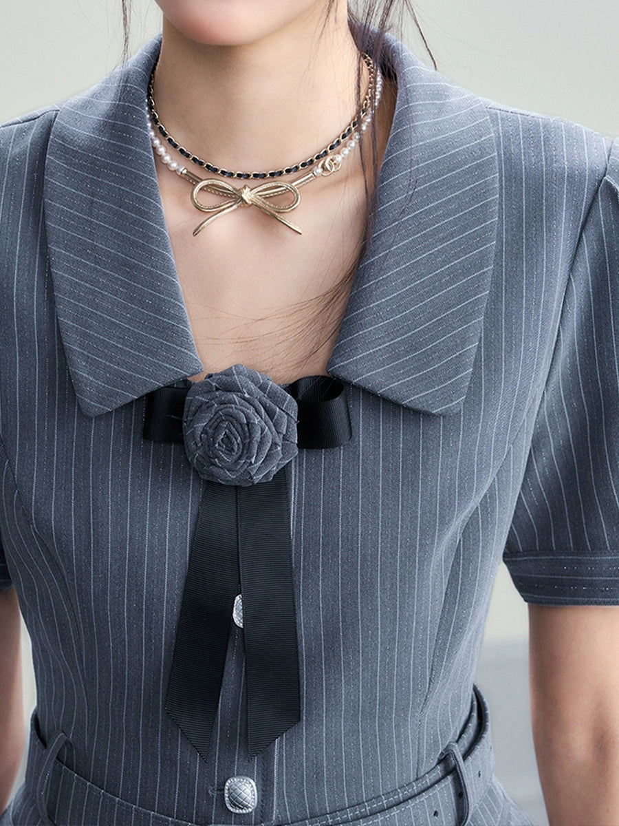 Striped Gray Top + Pleated Skirt with Tie Set