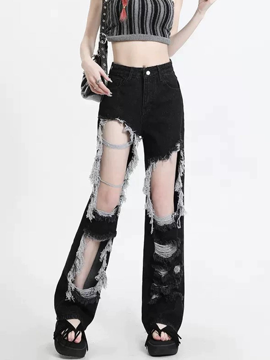 Black High-Waisted Baggy Wide-Leg Ripped Jeans