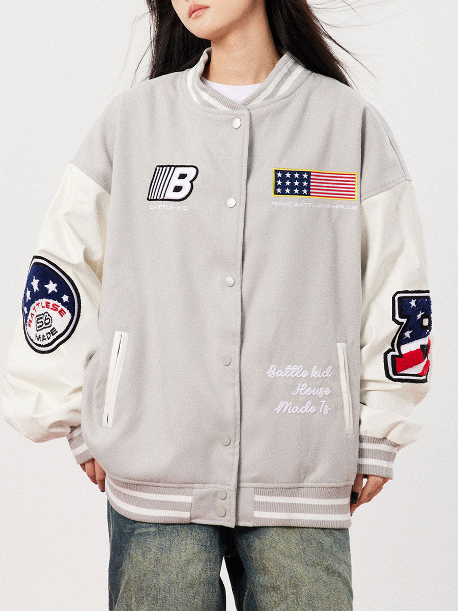 Flag Pattern Long Sleeve Loose Top Jacket Baseball Coat