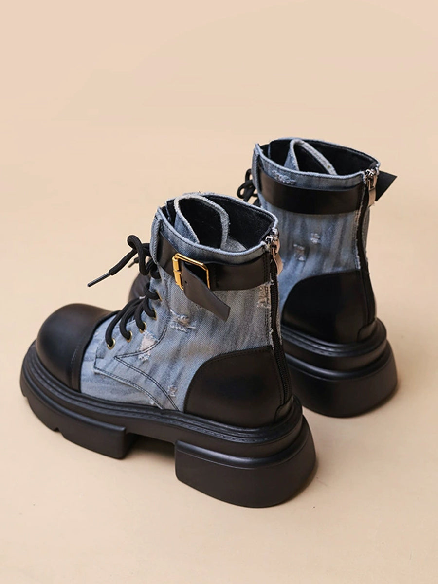 Women's Western Vintage Ribbed Patchwork Sock Style Denim Slip Resistant Sole Chunky Heel Ankle Boots