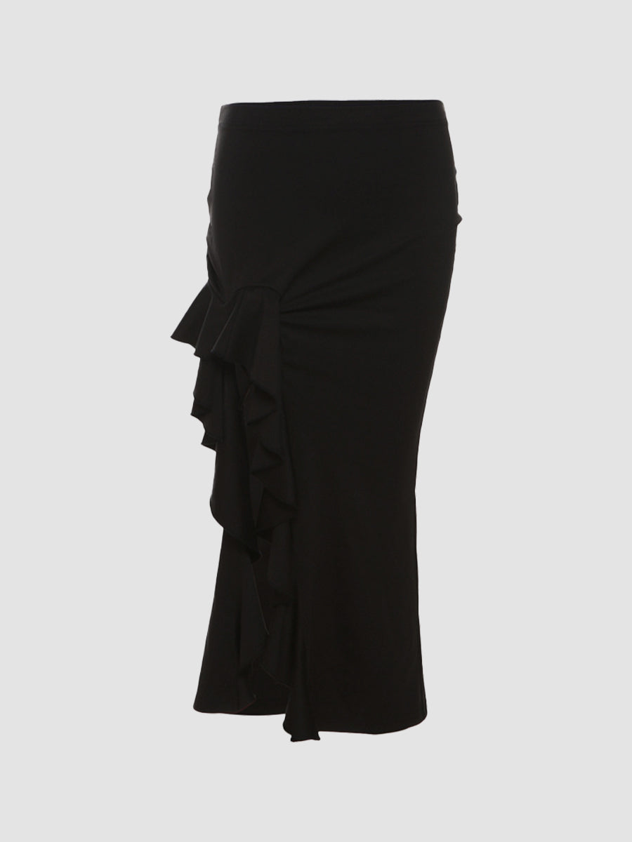 Black Slim Irregular Hem Midi Skirt