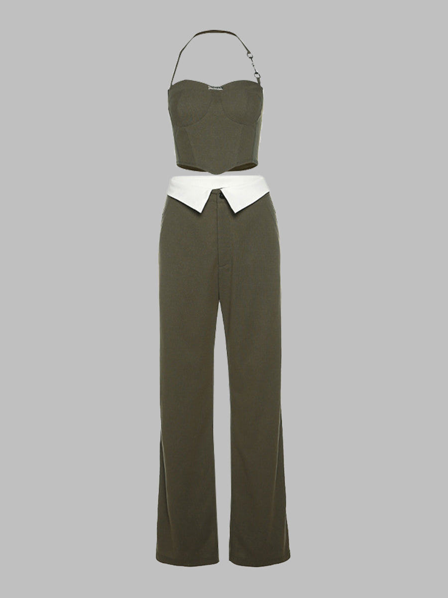 Green Slim Crop Top + Casual Pants Set