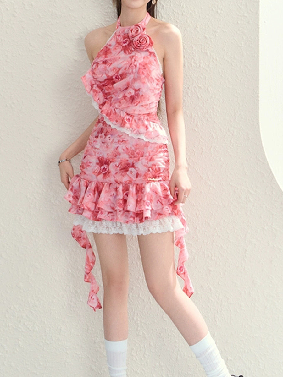 Pink Floral Backless Halter Dress