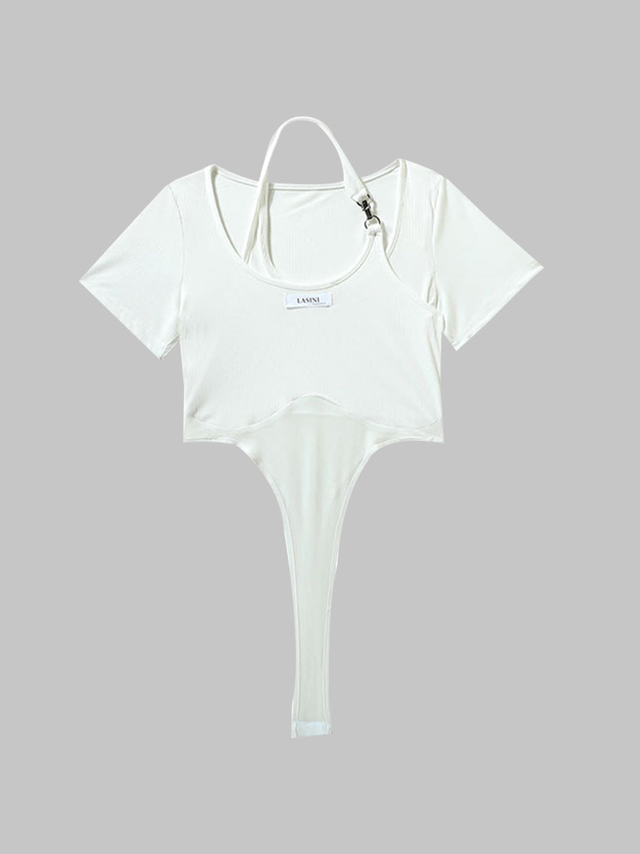 Solid Color Fake Two-Piece Onesie Top
