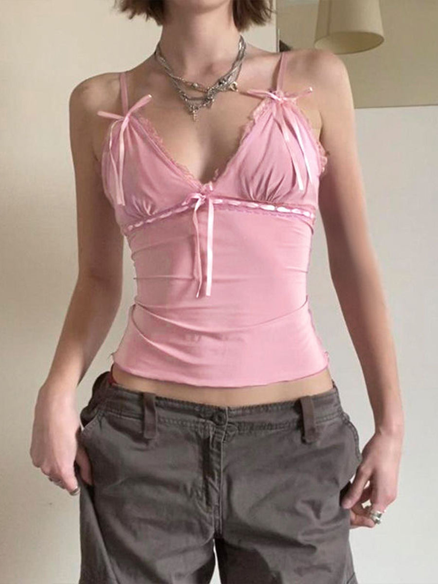 Lace Patchwork Bow Camisole Top