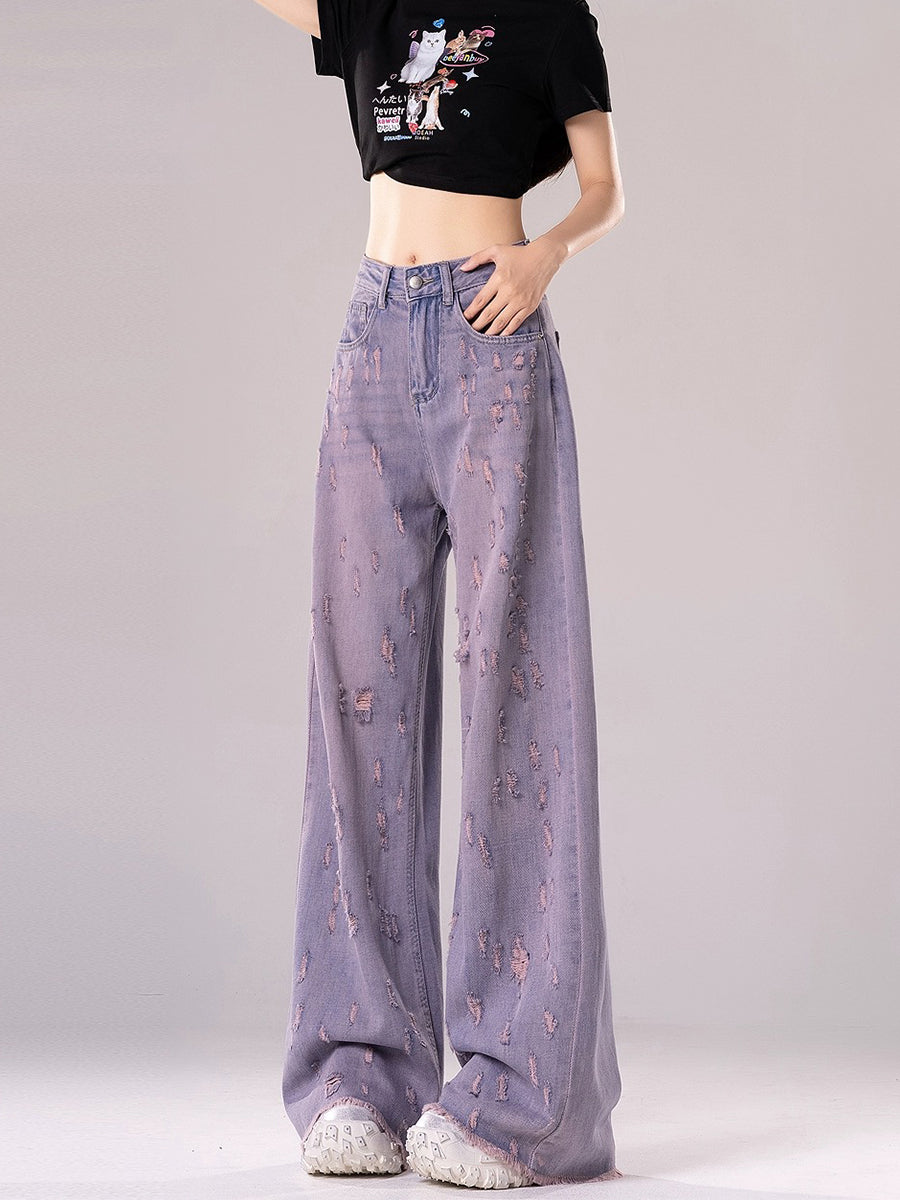High Waist Purple Ripped Loose Denim Jeans