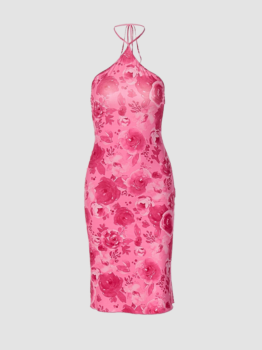 Pink Printed and Floral Halter Dress