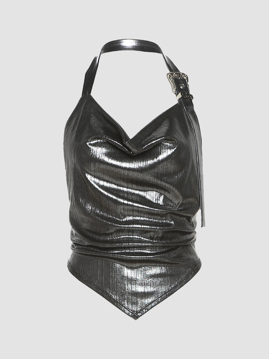 Pink Grey Shiny Leather Buckle Halter Top