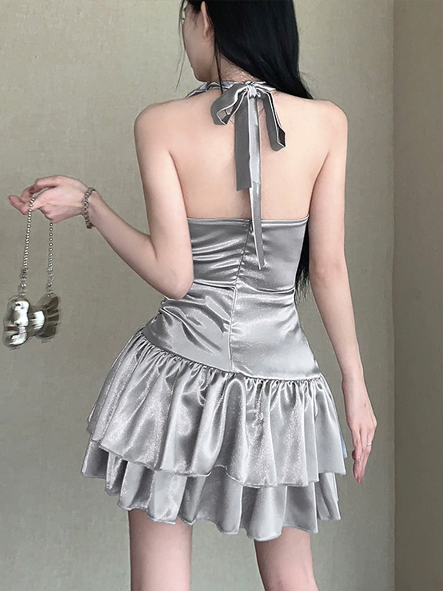 Double Layered Hem Halter Dress