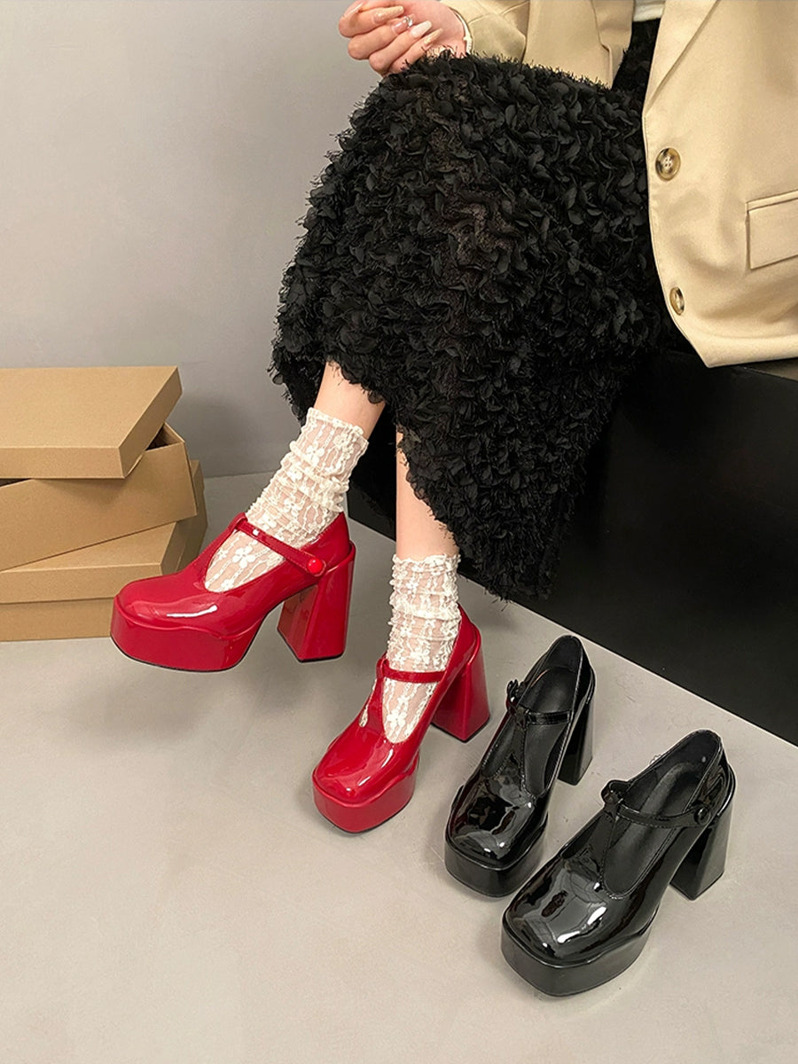 T-Strap Square Toe Mary Jane Heels Shoes