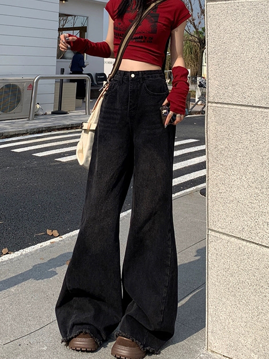 Vintage Raw Hem Wide Leg Long Jeans
