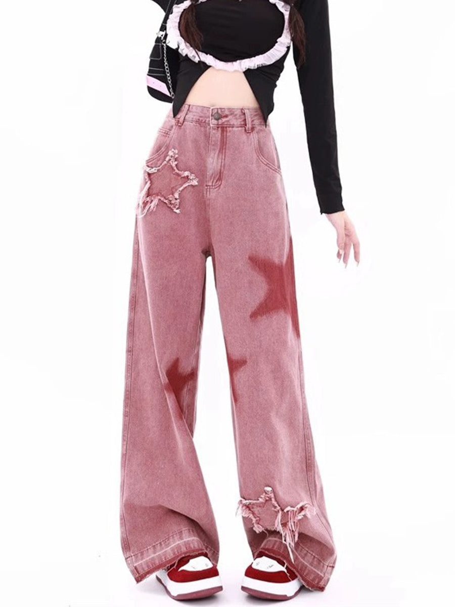 Pink Stars Raw Hem Loose Fit Denim Jeans