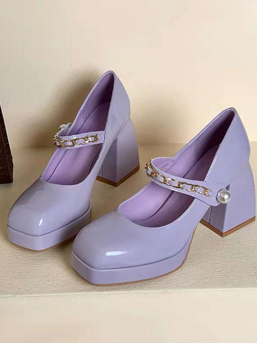 Metal Chain Pearl Chunky Heel Mary Jane Pumps