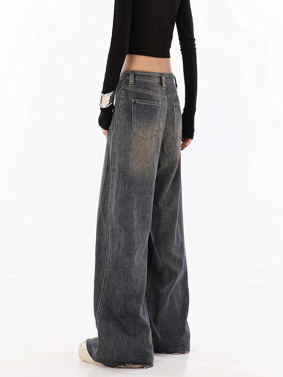 Vintage Relaxed Fit Grey Raw Edge Hem Denim Jeans