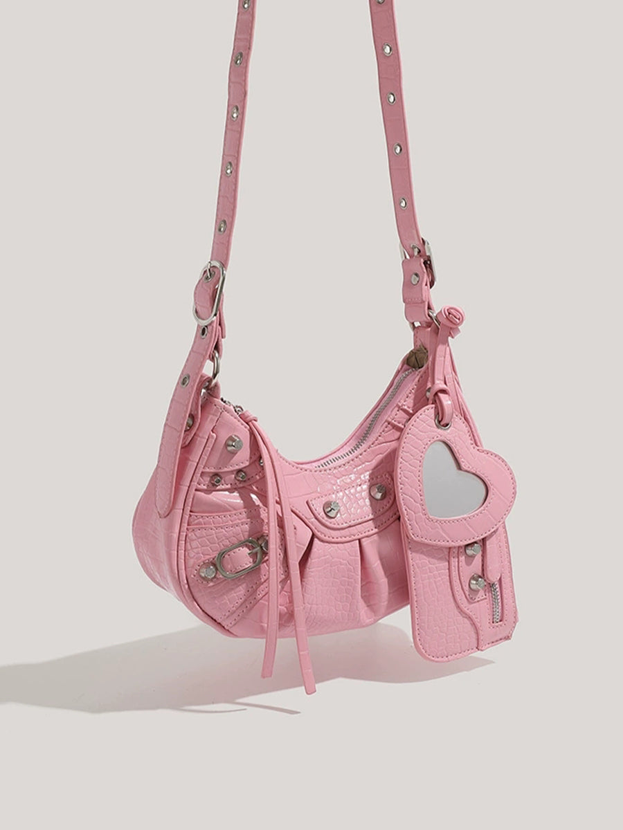 Pink Leather Croissant Bag with Mirror and Pouch