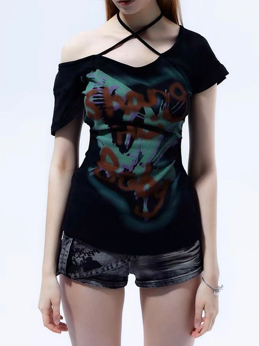 Graffiti Letter Print Short Sleeve Top