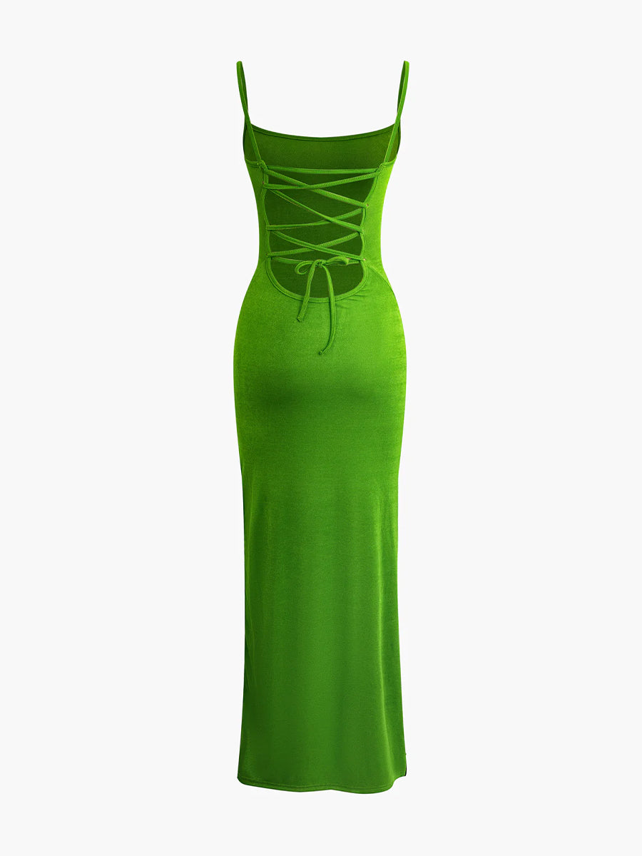 Solid Colored Knitted Hollow Out Long Bodycon Cami Dress