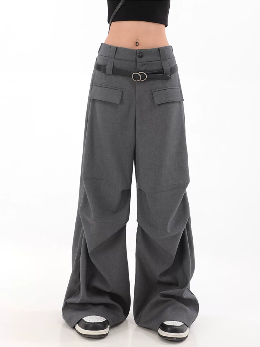 Solid Color Pleated Contour Suit Pants with Belt