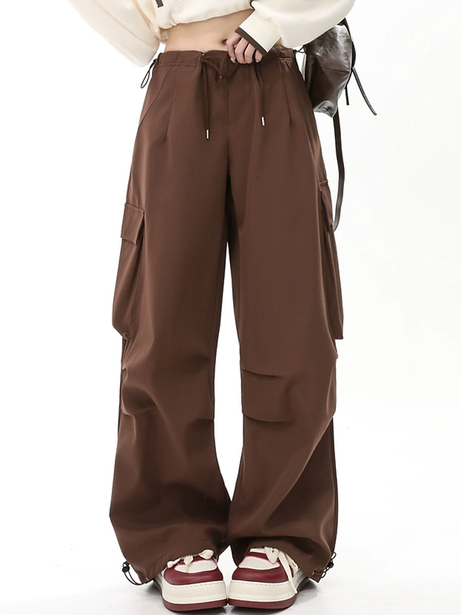 Solid Color Wide-Leg Cargo Drawstring Casual Pants