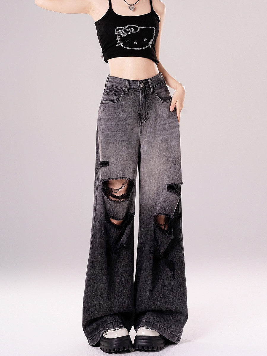 High Waisted Loose Distressed Ripped Denim Jeans