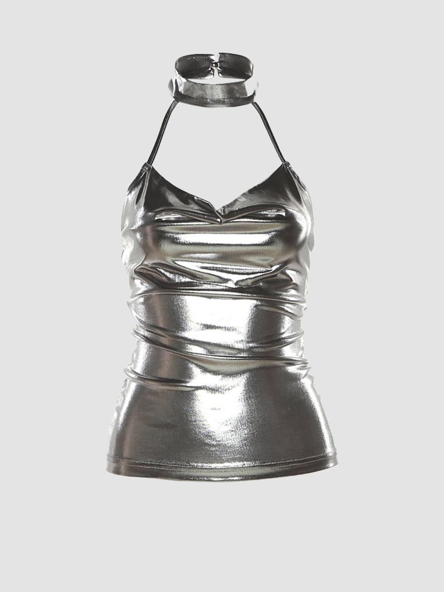 Silver Shiny Chain Halter Top