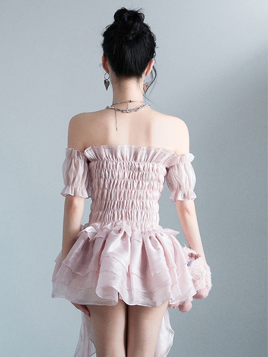 Irregular Fluffy Pink Organza Dress