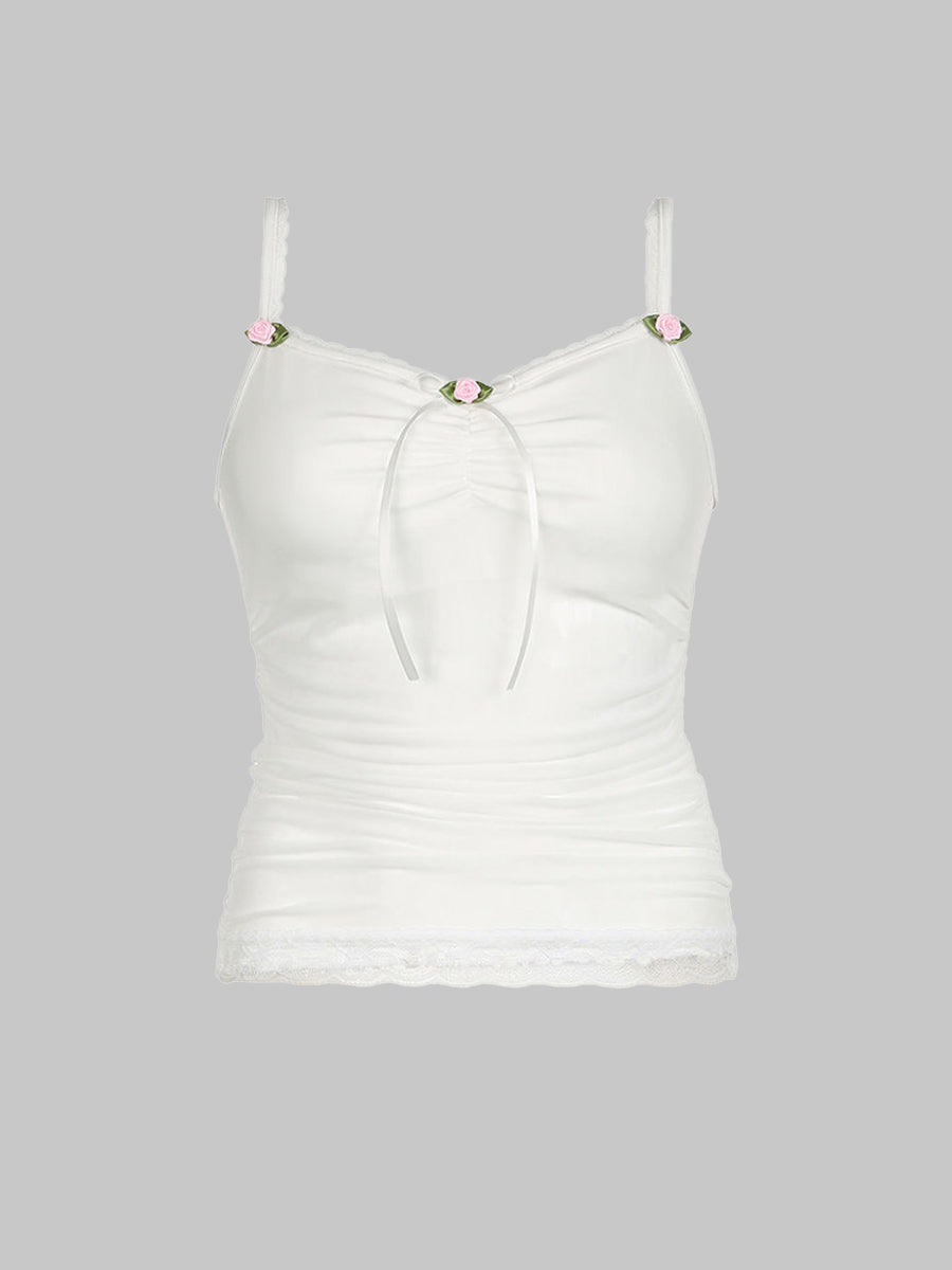 Lace Splicing Solid Color Floral Bow Cami Top