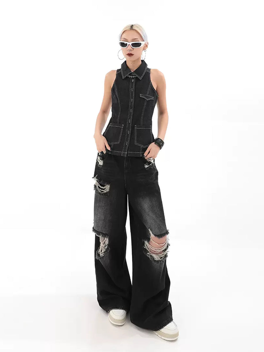 Vintage Ripped Denim Straight Loose Jeans