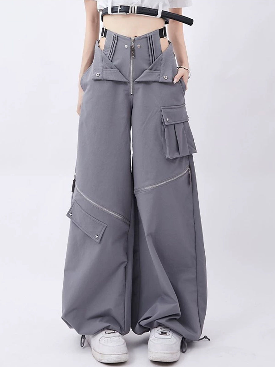 Gray Blue Fake Two Piece Large Pocket Loose Wide Leg Pants Casual Pants