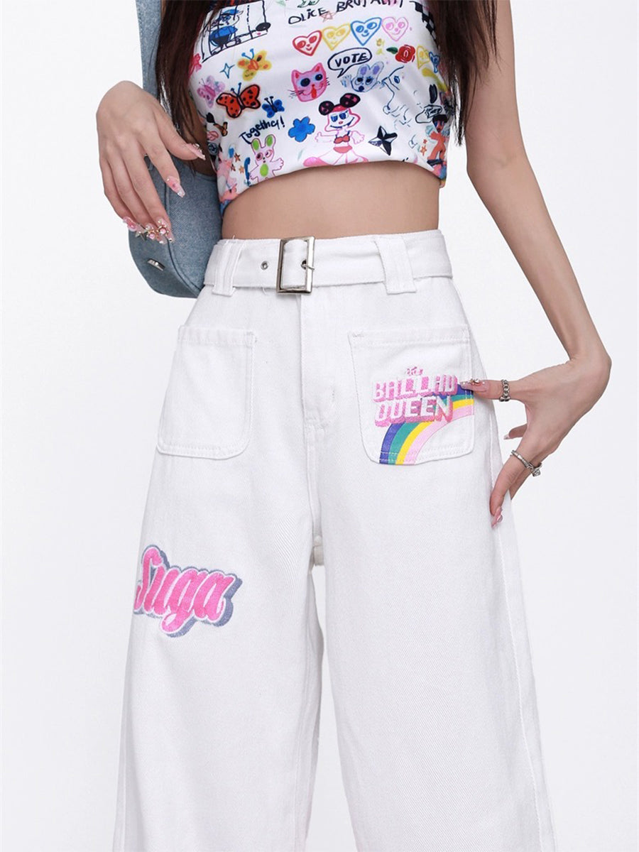 Gradient Color Cartoon Print Cargo Jeans Pants