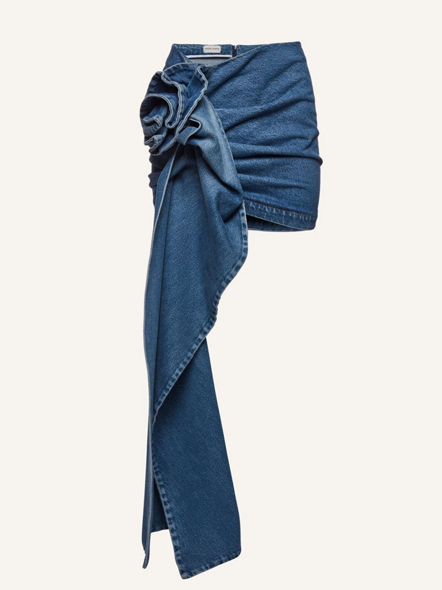Blue Denim Zipper Cami Top + Floral Irregular Skirt Set