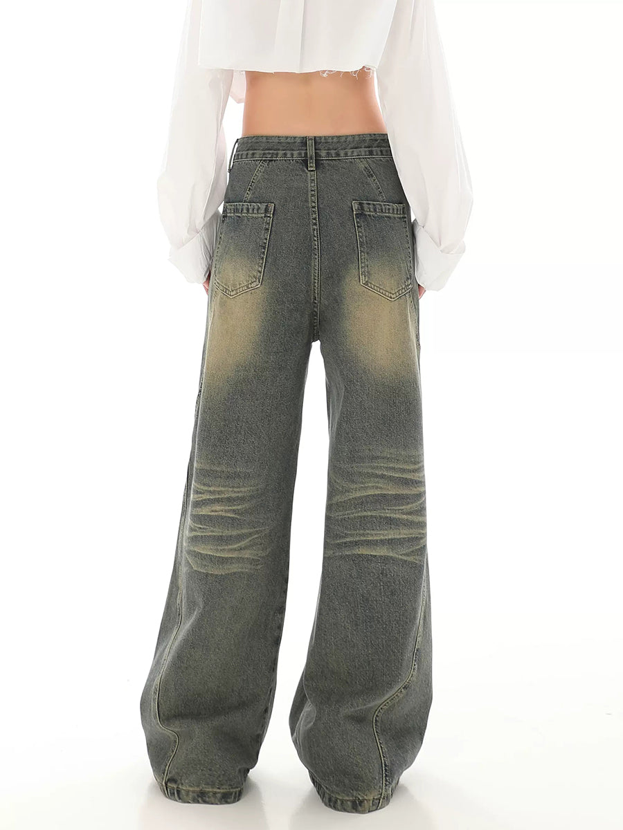 Vintage Relaxed Fit Grey Wide Leg Denim Jeans