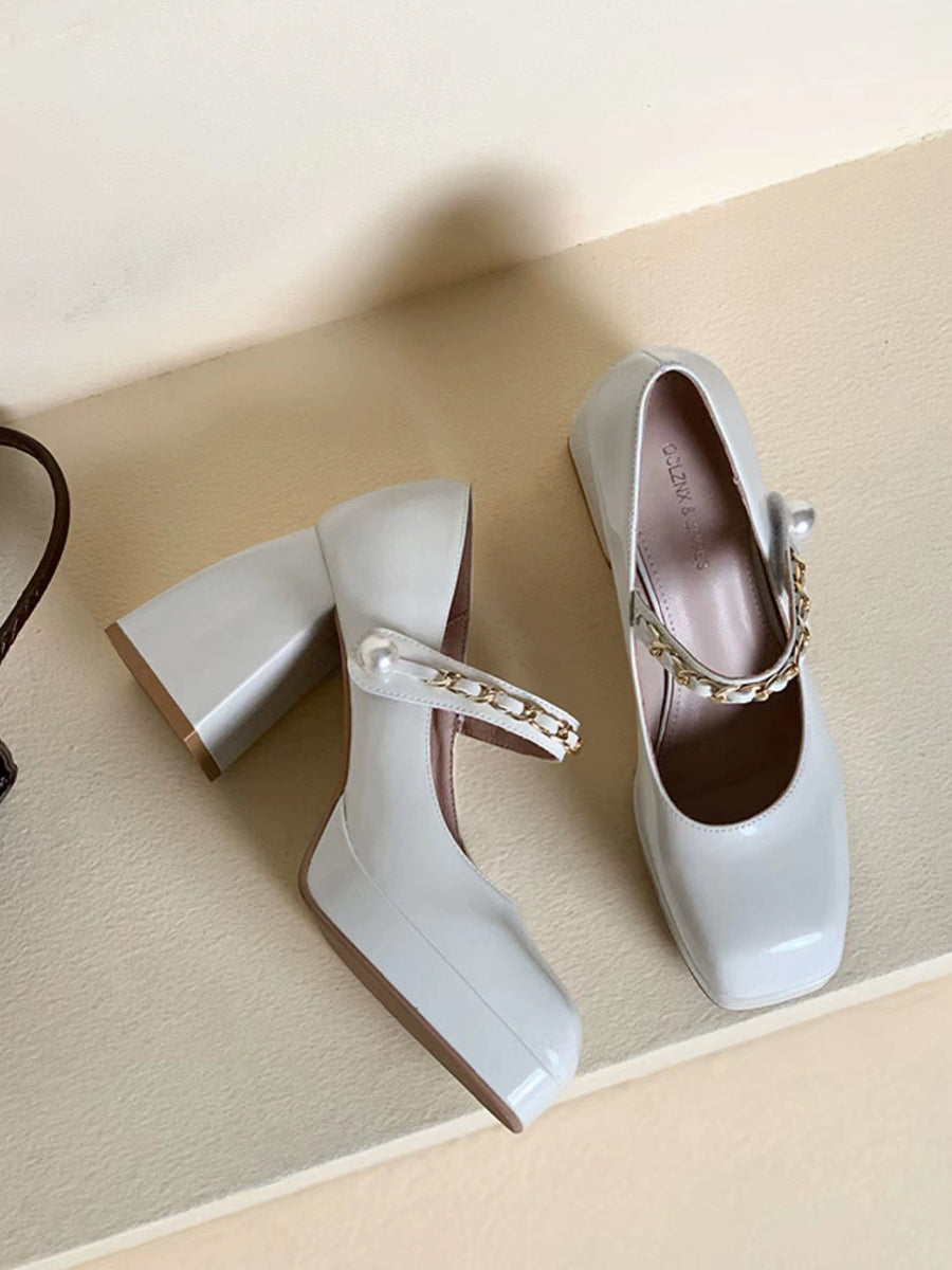Metal Chain Pearl Chunky Heel Mary Jane Pumps