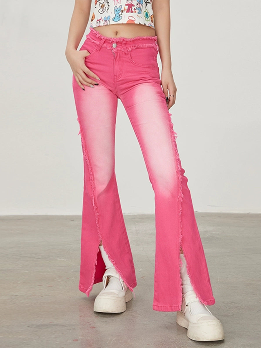 Pink Split Hem Denim Jeans