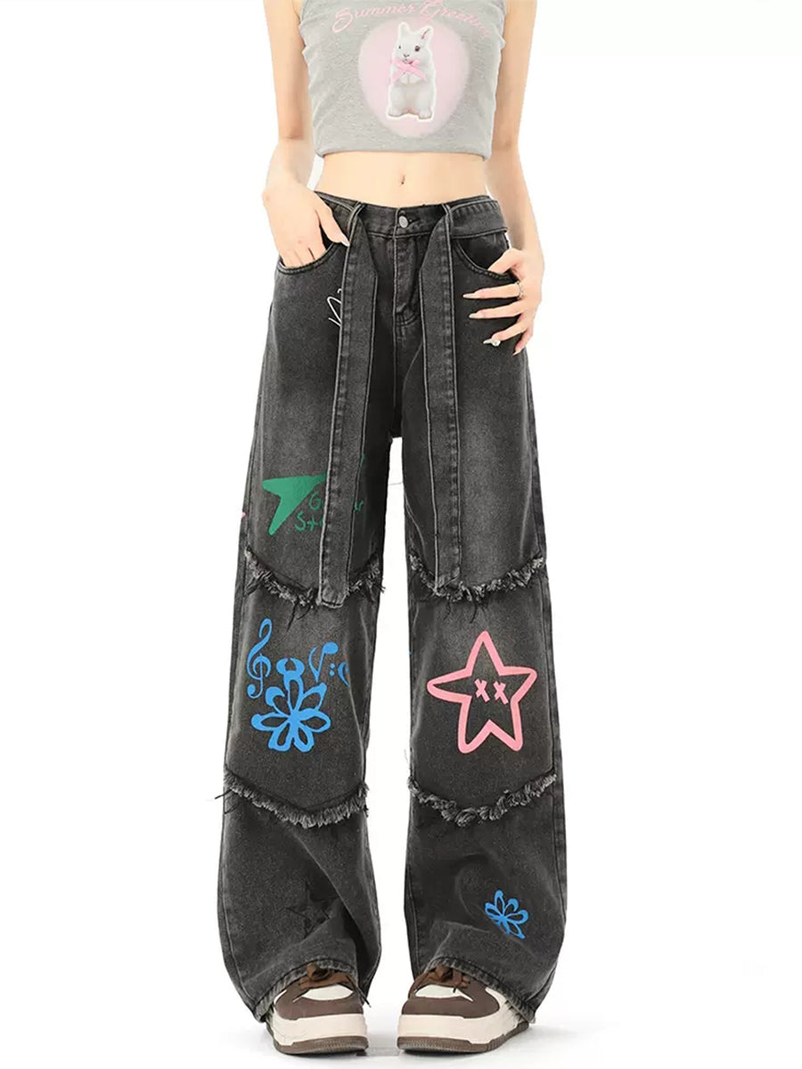 Pentagram Butterfly Print Denim Loose Pants