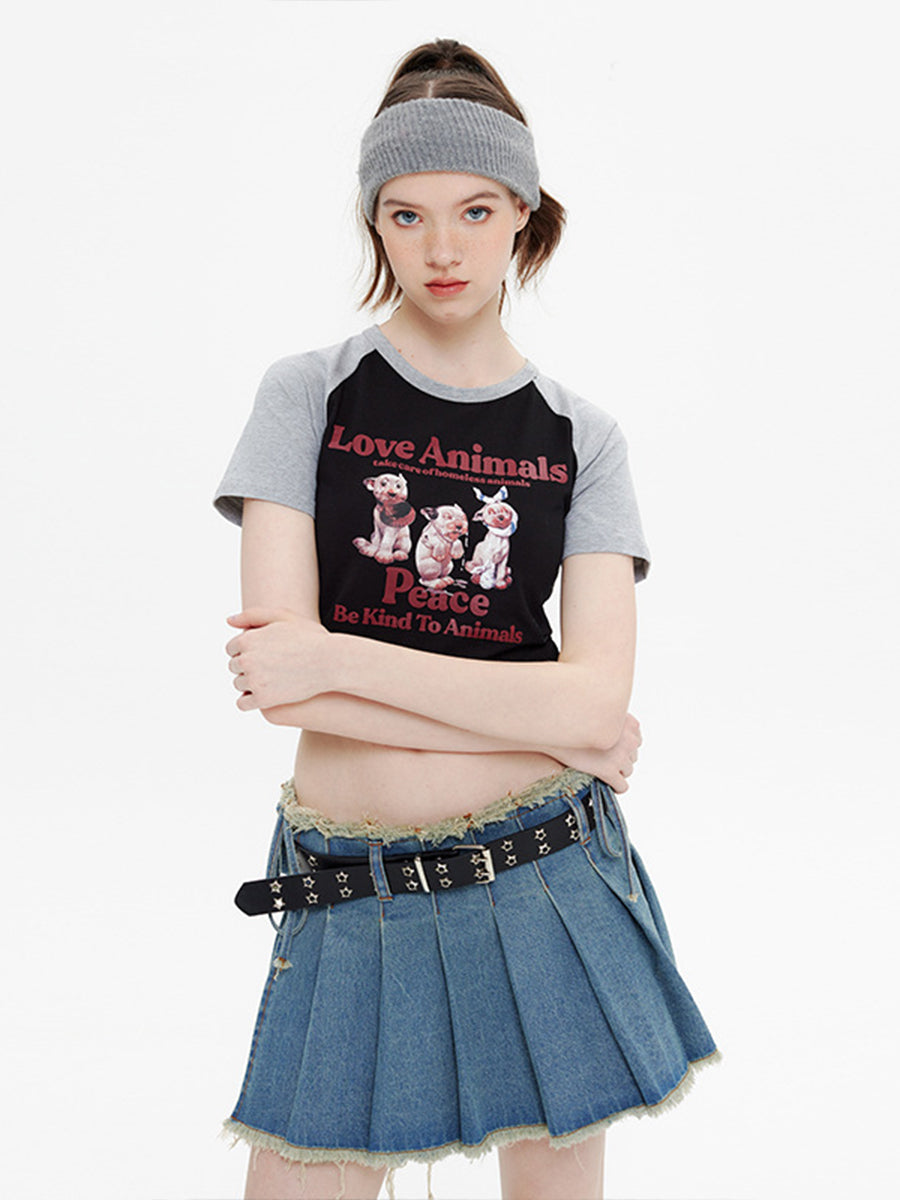 Patchwork Short Sleeve Printed Crop Top